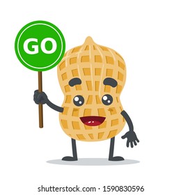 vector illustration of adorable peanut mascot, holding sign  