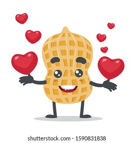 vector illustration of adorable peanut mascot, holding love symbol (heart) 