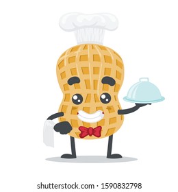 vector illustration of adorable peanut mascot, wearing chef costume and serve food 