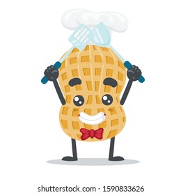 vector illustration of adorable peanut mascot, wearing chef costume and holding spatula 