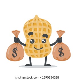 vector illustration of adorable peanut mascot, holding sacks of money 