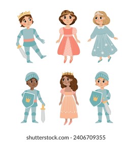 Vector illustration with adorable princesses and knights, perfect for a poster in a child's room.