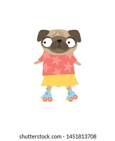 Vector illustration with adorable pug lady on rolles. Vector cartoon pug in the red tshirt and yellow skirt. Adorable pug isolated on white. Cute big eyes dog illustration. Roller funny pug