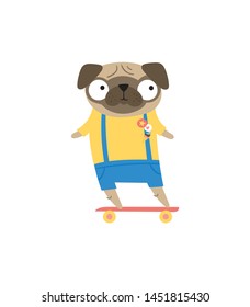 Vector illustration with adorable pug with skateboard. Vector cartoon pug in the yellow tshirt and blue shorts. Adorable pug isolated on white. Cute big eyes dog illustration. Funny skater pug