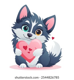 Vector illustration of an adorable puppy holding a heart in cartoon style on a white background, perfect for Valentine’s Day and cute romantic themes.
