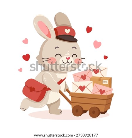 Vector Illustration of adorable rabbit postman pushes a cart full of love letters