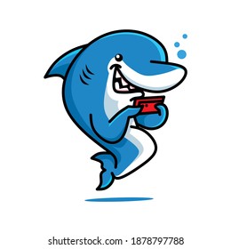 vector illustration of an adorable shark cartoon character playing with his cellphone, very suitable for company logos, web icons, application icons, stickers.