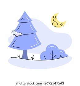 Ilustración vectorial de un adorable paisaje invernal nocturno.