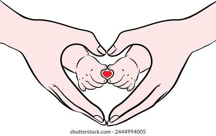 Vector illustration of adult and baby hand making heart gesture or shape, Mother’s day, Father's day