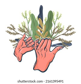 Vector illustration. Adult and children's hand, little finger oath. Postcards, stickers, print for t shirt