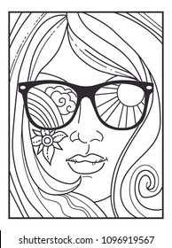 Vector illustration for adult coloring book in retro 70s style. Woman's face in sunglasses