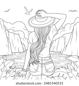 Vector illustration, adult girl admiring beautiful landscape while sitting, coloring book