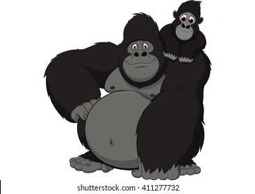 Vector illustration adult gorilla and baby gorilla on a white background
