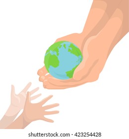 Vector illustration of an adult hand, transmitting the planet Earth in children's hands. Protect Earth. Ecology