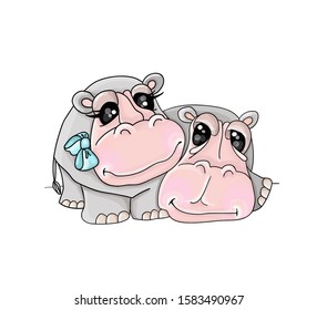 Vector illustration of an adult hippo and baby hippo