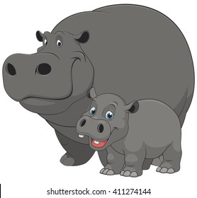 Vector illustration of an adult hippo and baby hippo, on a white background