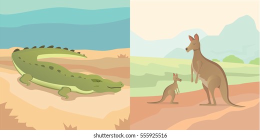 Vector illustration, adult kangaroo with baby and crocodile cartoon style isolated australian animals