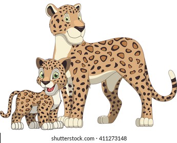 Vector illustration, adult leopard and cub leopard, white background