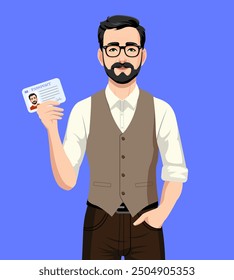 Vector illustration an adult man holds his id card passport