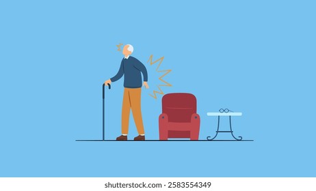 Vector illustration of an adult man, senior, elderly suffering from back pain when trying to walk after sitting down.