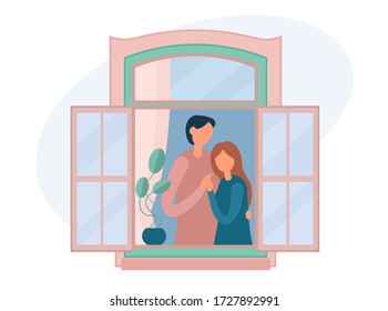 Vector illustration of adult man and woman hugging each other while standing near open window with potted plant and resting at home. Social isolation during the coronavirus pandemic