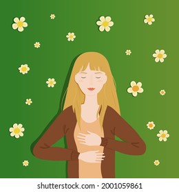 Vector illustration of an adult white woman lying on grass and chamomiles with her eyes closed. Concept of enjoying nature, self-care, ecology.