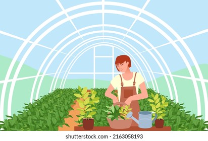 Vector illustration of advantages of greenhouse. Farmer works. Farming plant cultivation. Design for agriculture, horticulture or agronomy. Template for banner, poster, flyer, layout