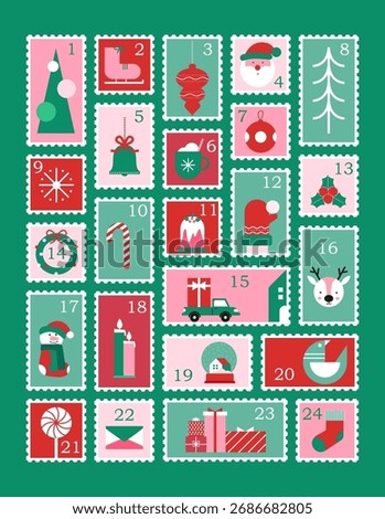 Vector illustration of Advent calendar with festive Christmas icons, holiday symbols, winter celebration, countdown to Christmas, seasonal decoration, gifts, ornaments, Santa, snowflakes, New Year.