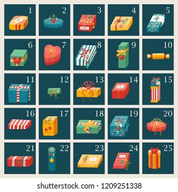 Vector illustration: Advent calendar template with set of 25 bright surprise gifts isolated on dark background. Decorative elements for Christmas greeting cards, postcards, scrapbooking, posters