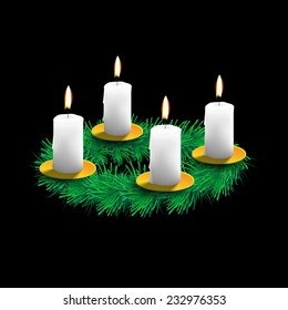 Vector illustration of advent wreath with realistic spruce, four white candles and golden dishes