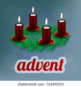 Vector illustration of advent wreath with realistic spruce and four red candles