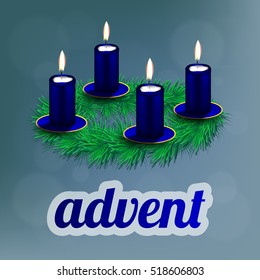 Vector illustration of advent wreath with realistic spruce, four blue candles and dishes