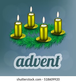 Vector illustration of advent wreath with realistic spruce, four golden candles and dishes