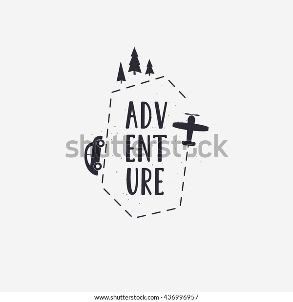 Vector illustration ADVENTURE\
lettering with plane, car and forest. Outdoor logo\
emblem