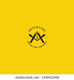 Vector illustration Adventure with mountains, climber and paddles. Modern logo for rafting, canyoning and traveling in form of letter A. 