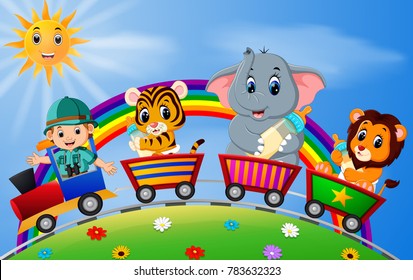 Vector illustration of adventurer and animals on the train with rainbow