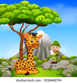 vector illustration of adventurer and giraffe posing with mountain scene