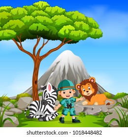 vector illustration of adventurer and wild animal posing with mountain scene