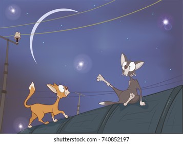 Vector Illustration of  Adventures. Two Cats on the Roof