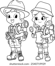 Ilustración vectorial. Una jungla aventurera con exploradores, página para colorear para niños, contorno simple. Libro para colorear,.