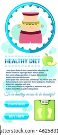 Vector illustration. Advertisement for flyer for a fitness diet in flat design. A template to create a site, ads, cover art. The concept of advertising sports and healthy food.