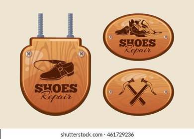 Vector illustration of advertisement wood panels for shoes repair workshop. Picture isolate on light background