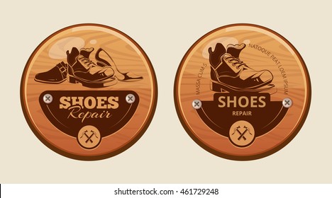 Vector illustration of advertisement wood panels for shoes repair workshop