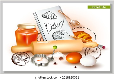 Vector Illustration for advertising baking, bakery products. Croissant, Bread Roll, Honey, Eggs.