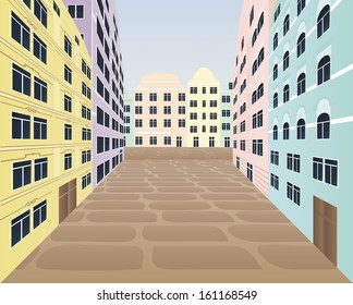 Vector illustration of advertising banner or card with European architecture background