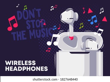 Vector illustration of advertising banner with Wireless headphones, close-up, musical notes, don't stop music