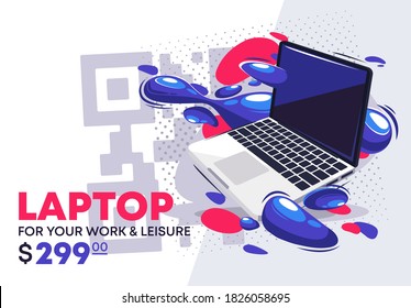 Vector illustration of an advertising layout template for selling a laptop with an indication of the price, for your work and leisure, with active design elements