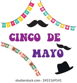 Ilustración vectorial para publicidad, cartel, anuncio, invitación, fiesta, tarjeta de felicitación, fiesta, bar, restaurante, menu.Logo del Cinco de Mayo. Letras dibujadas a mano y pimienta.