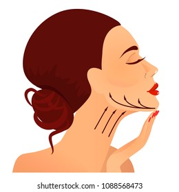 Vector illustration. Advertising of the rejuvenating procedure of chin lift. Advertising of cosmetic and medical products. For clinics, salons, pharmacies, shops.