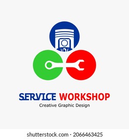Vector illustration of advertising a repair service. Automotive and motorcycle workshop logo. wrench and piston icon in triangle point